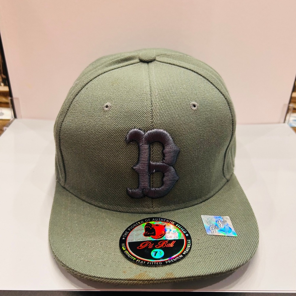 Pit Bull Fitted Hat Mens 7 5/8 Olive Green Gothic B Logo Flat Bill Cap